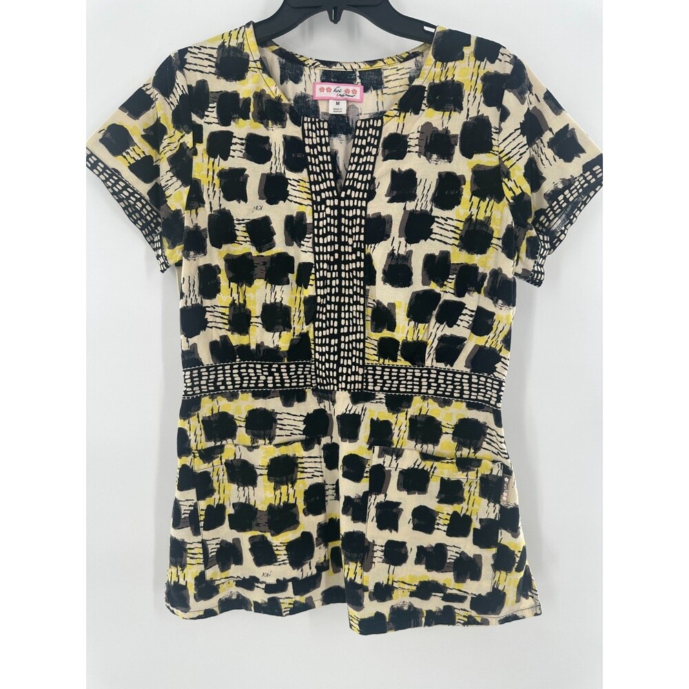 Koi Happiness By Kathy Ashley Scrub Top Black Yellow Abstract Block Print Size M